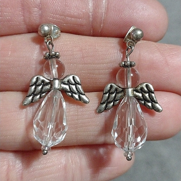 VINTAGE CRYSTAL ANGEL SILVER-TONE DROP DANGLE PUSH-BACK 1.9" EARRINGS - Picture 2 of 8